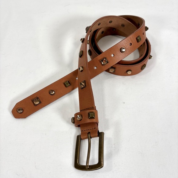 J. Crew Studded Jeweled Brown Leather Belt Brass Buckle Women Size L Glam Boho - Picture 1 of 7